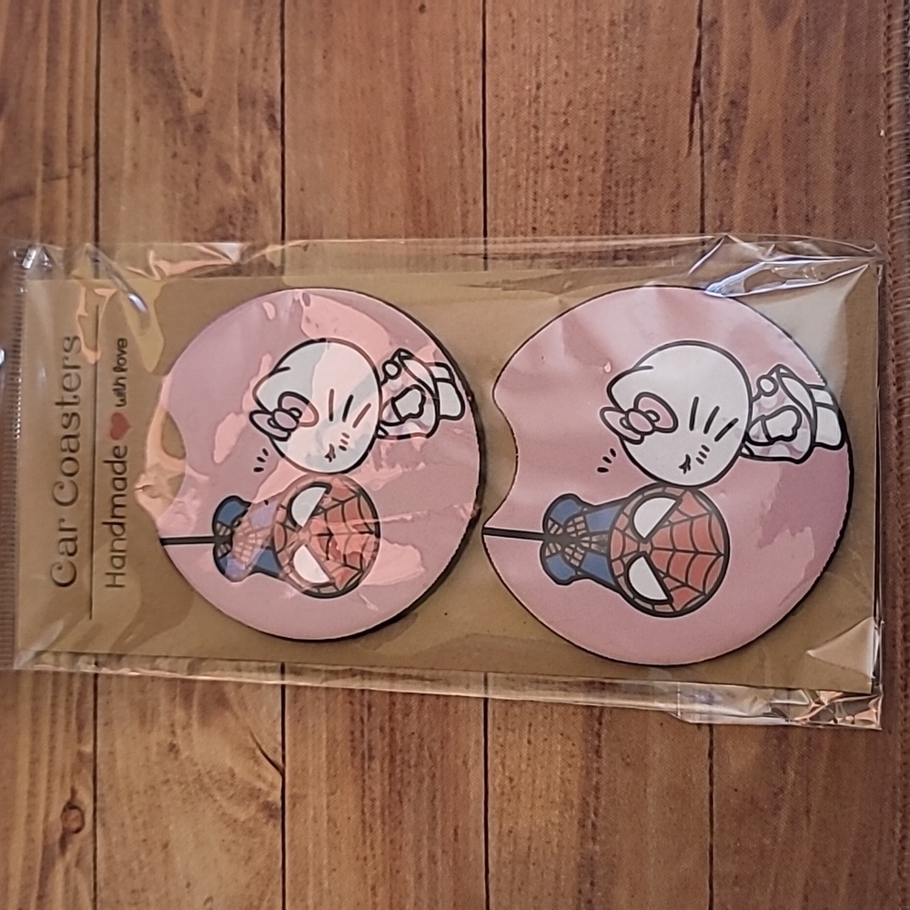 Cat and Spiderboy Handmade Reuseable Set of 2 Car Cup Holder Coasters
